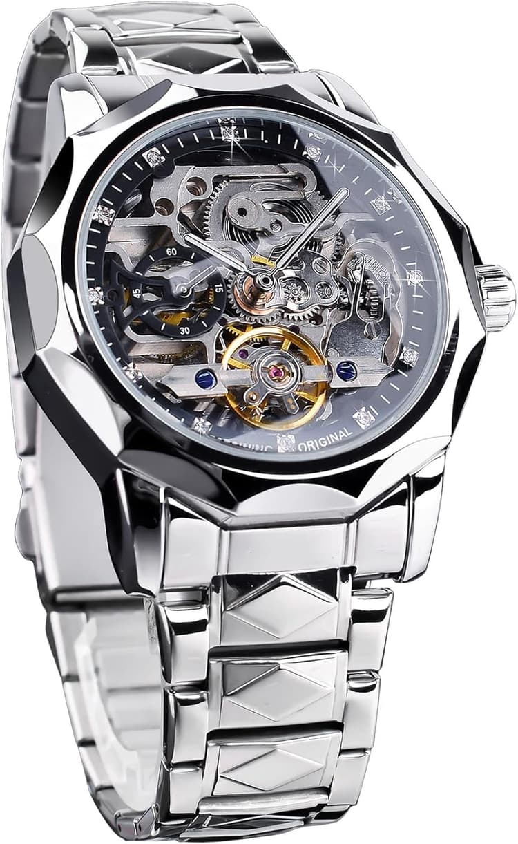 FORSINING Men's Skeleton Automatic Mechanical Watch with Diamond-Cut 12-Sided Bezel & Exposed Gears & Tourbillon Design, Unique Rhombus-Link Stainless Steel Bracelet Self-Wind Wristwatch