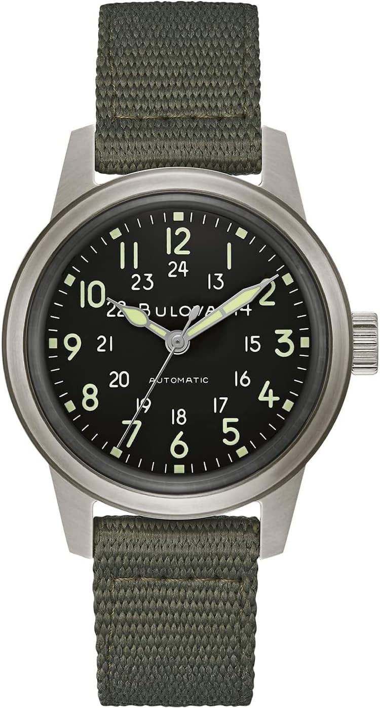 Bulova Men's Military Heritage Hack Veteran's Watchmaking Initiative Watch in Stainless Steel with 3-Hand Automatic, Green NATO Strap Style: 96A259