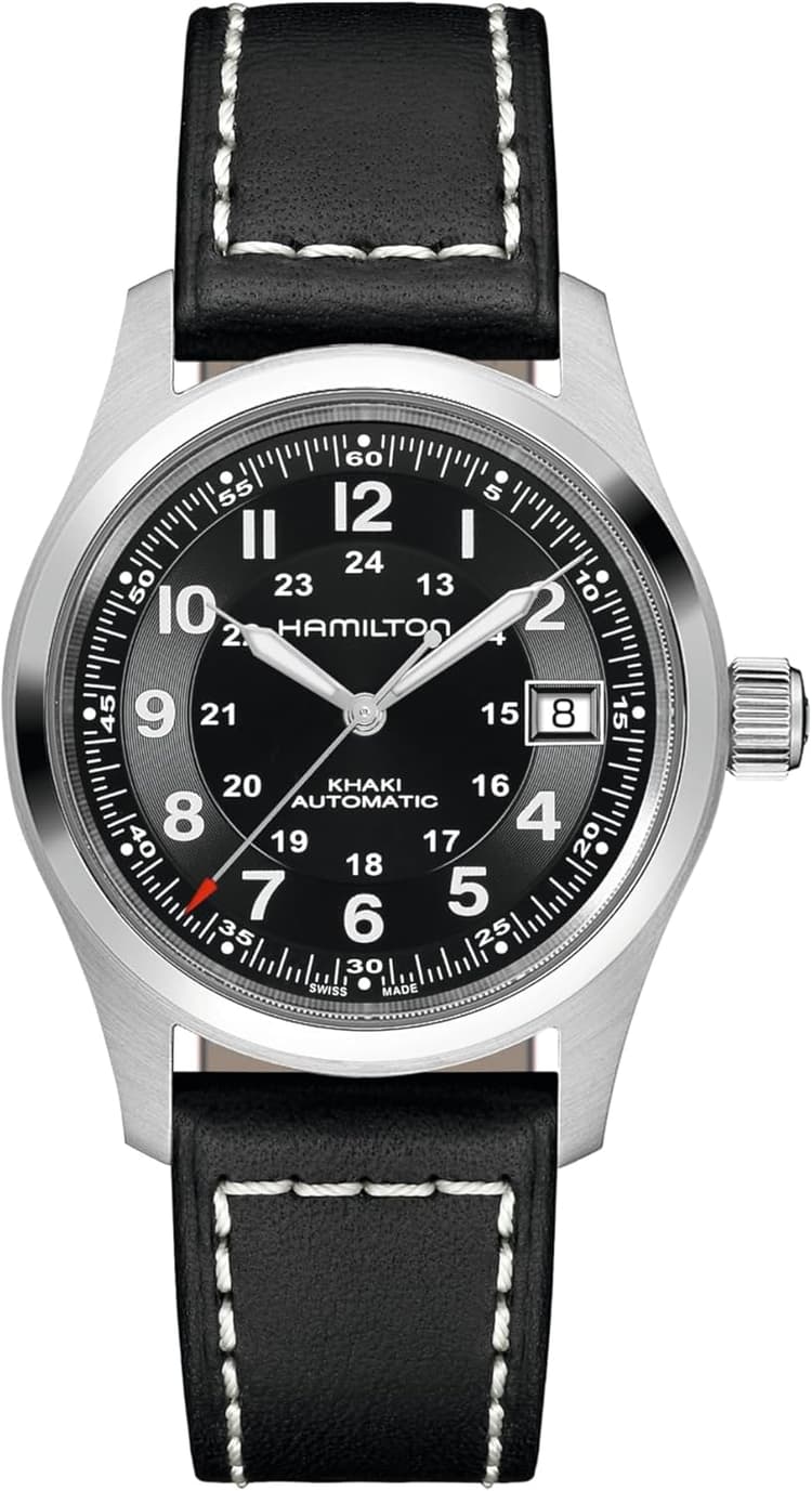 Hamilton Khaki Field Automatic Men's Watch, 38mm Stainless Steel Case, Swiss Made, Black Dial Analog Wrist Watch for Men, 100m Waterproof, Sapphire Crystal, 3-Hand Movement, Cow Leather Strap