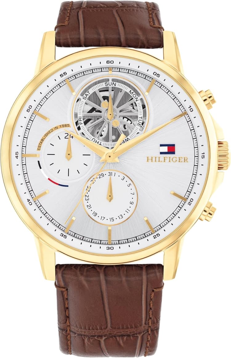 Tommy Hilfiger Classic Multi-Function Quartz Watch - Leather Strap Wristwatch for Men - Water Resistant Up to 5 ATM/50 Meters - Premium Fashion for Everyday Wear - 44mm