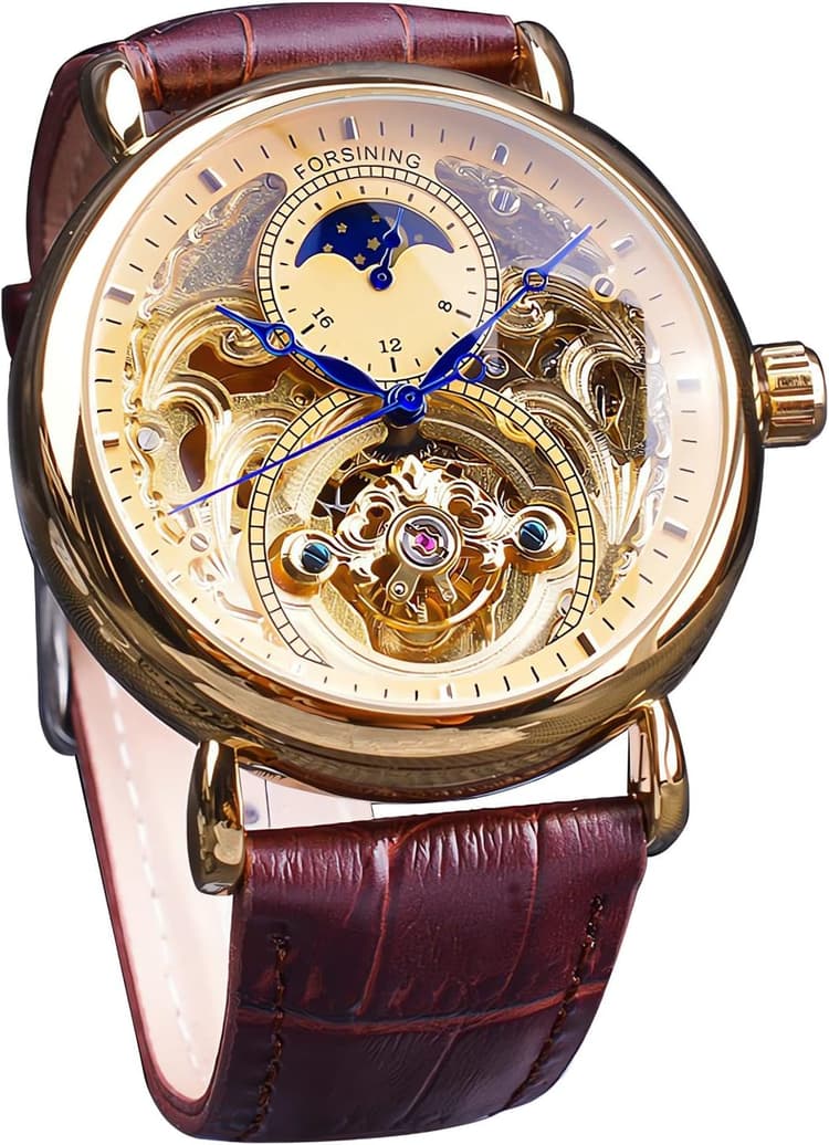 FORSINING Montre pour homme à remontage automatique avec bracelet en silicone noir squelette rétro phase de lune grand cadran mécanique