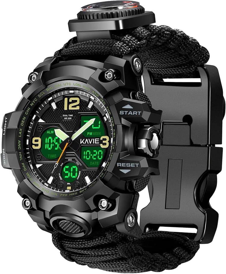 Montre de Survie numérique Militaire 23 en 1 pour Homme, Tactique, Multifonction et réglable, étanche, Double Cadran avec Boussole et Bracelet en paracorde
