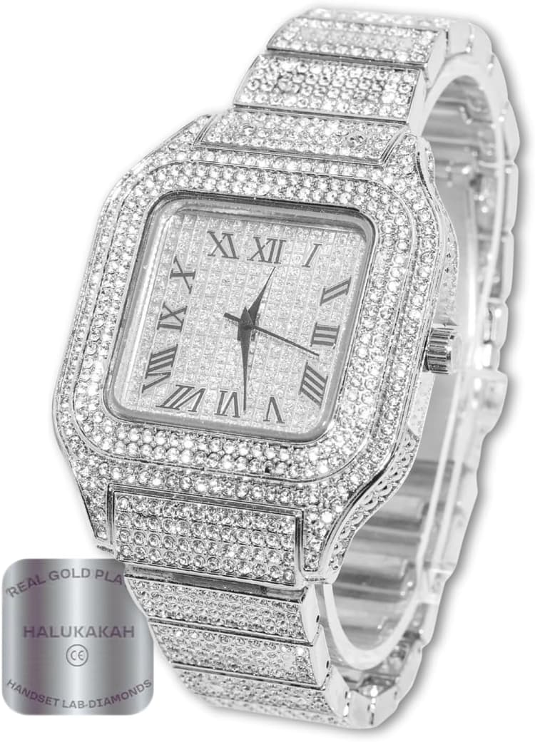 Halukakah Men’s Watch - The King - 18K Gold/Platinum Plated, 40MM Square Dial, Iced Out Wristband, with Cuban Link Chain Necklace and Bracelet Set Optional, Comes in Giftbox