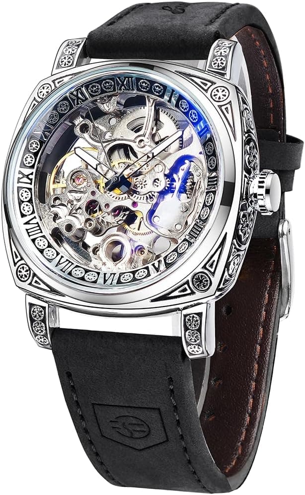 FORSINING Montre Homme Mécanique Automatique Carrée Squelette Dorée, Bracelet en Cuir Vintage Style Rétro, Étanche, Montre Bracelet Classique pour Homme