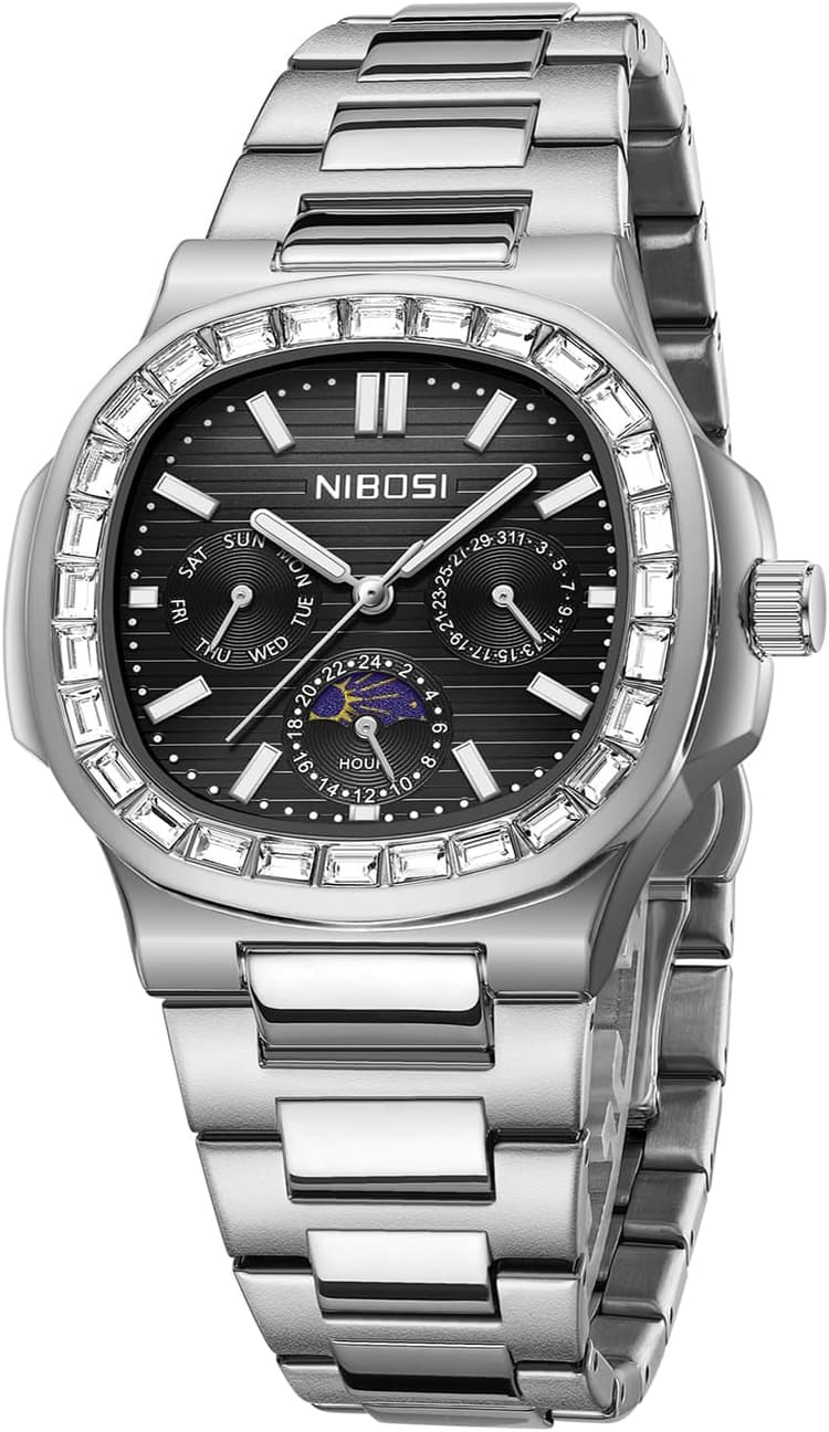NIBOSI Men's Watches - Analog Quartz Chronograph Watch for Men, Waterproof Luxury Diamond Luminous Dial Business Dress Watch for Anniversary Graduation and Birthday Gifts