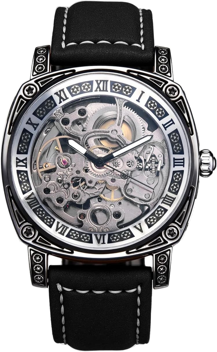 JewelryWe Montre Homme Automatique Vintage: Montre Mécanique Squelette Étanche 3ATM avec Bracelet Cuir Style Rétro Steampunk Mouvement Mécanique 36h - Cadeau Anniversaire/Père