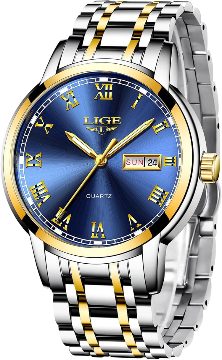 LIGE Montre Homme, Montres Bracelet Analogique à Quartz, Acier Inoxydable Etanche 3ATM, Fonction Calendrier, Aiguilles Lumineuses Affichage, Mode Assortissement Business Décontracté