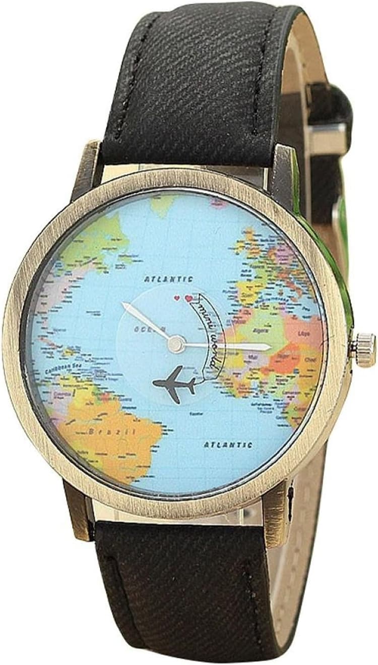 Unisex Retro Bronze Case Global Travel by Plane World Map PU Leather Band Quartz Watch
