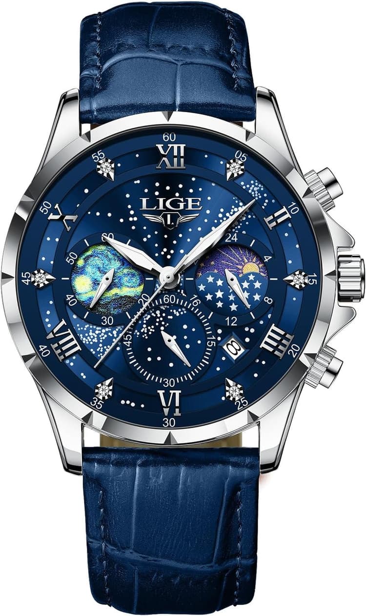 LIGE Montres Hommes Montre Chronographe Étanche à Quartz Phase De Lune en Noir Cuir Montre d'affaires Décontractée pour Hommes avec Affichage De La Date Lumineuse