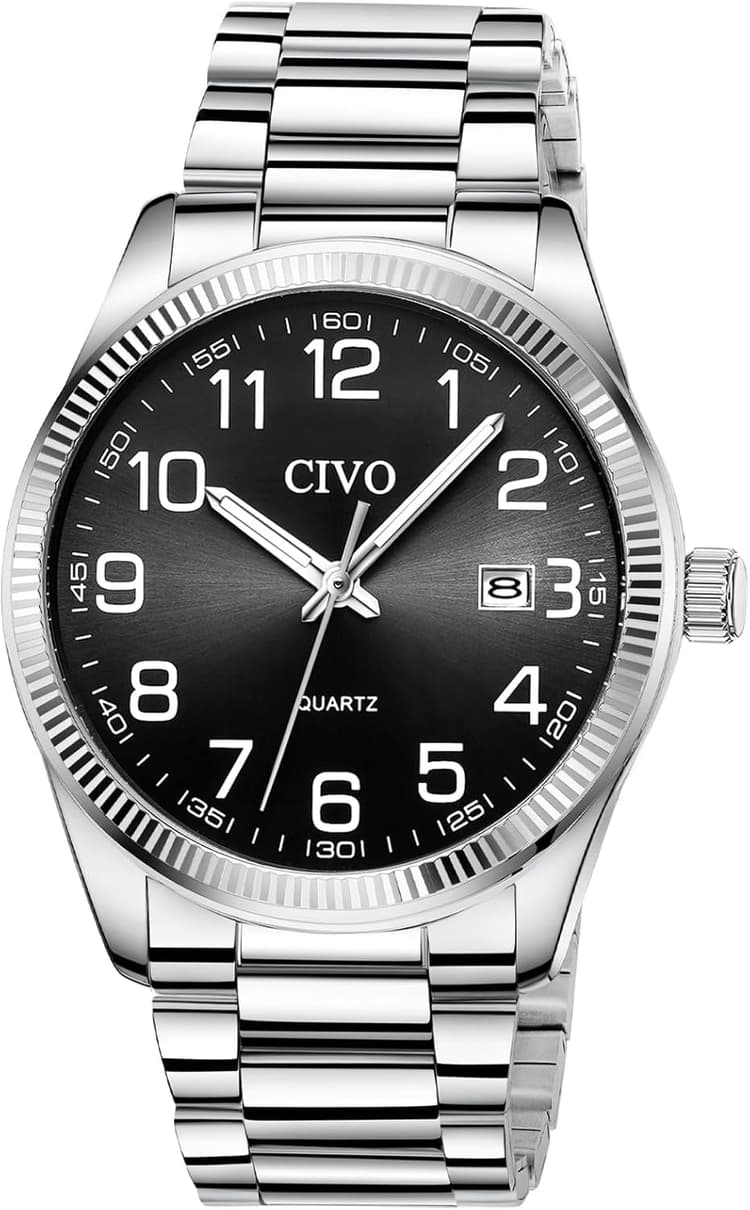 CIVO Lecture Facile Montre Homme: Acier Argent Analogique Quartz Montre Bracelet Etanche Date Lumineuses - Grands Nombres pour Personnes Âgées Ayant Une Mauvaise Vue