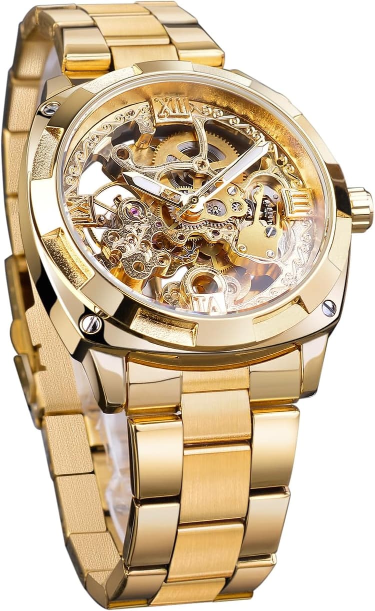 Forsining Montre de poignet de luxe rétro pour homme - Montre automatique mécanique à squelette avec gravure de fleur complète en or - Montre de designer pour homme