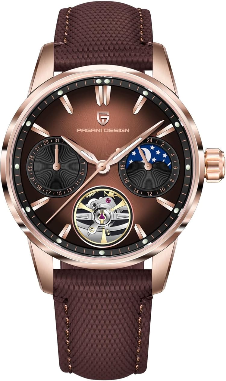 Pagani Design Montre Automatique de Luxe pour Homme Squelette Tourbillon Phase de Lune en Acier Inoxydable Étanche 100 m Bracelet en Cuir Montre mécanique pour Homme