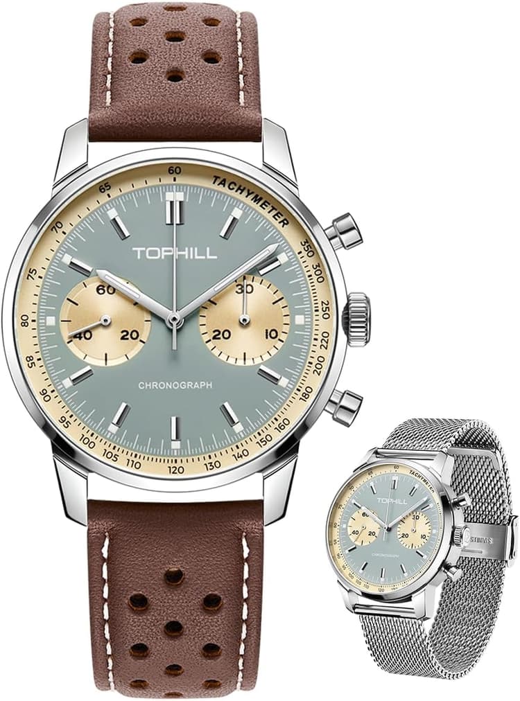 Chronograph Watches for Men 40mm, Seagull 1963 ST1901 Mechanical Watch Hand Winding, Reloj Para Hombre, Brown Leather Strap Racing Watches, Sapphire Glass Vintage Green Face Wrist Watches for Casual