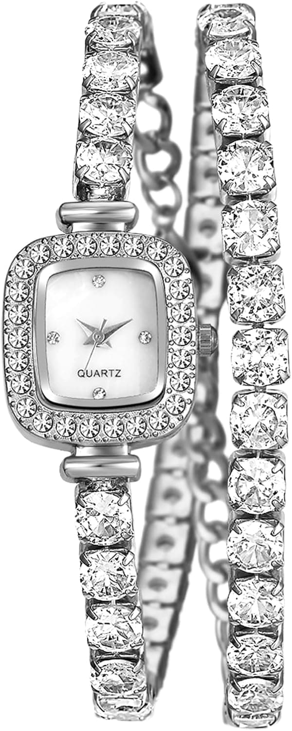 JewelryWe Montre Femme Rectangulaire Origianale: Montre Bracelet et Collier en Zircons Étincelants Élégant, Bijou Fantaisie Petit Cadran Quartz Chic Luxe, Cadeau pour Anniversaire ou Soirée