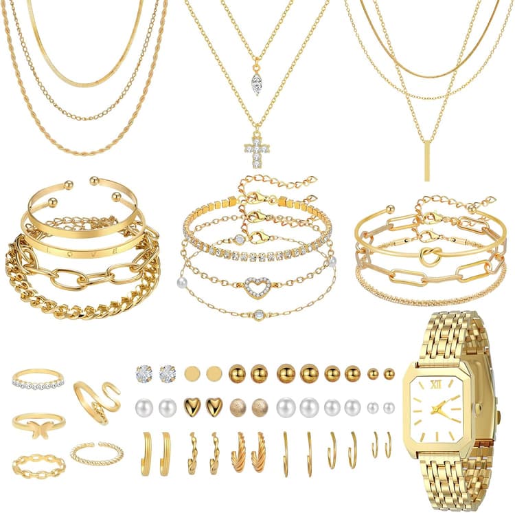 NEWITIN 61 Pieces Gold Jewelry Set for Women Fashion Costume Jewelry Gold Plated Necklace Bracelet Watch Ring Earrings Set for Women