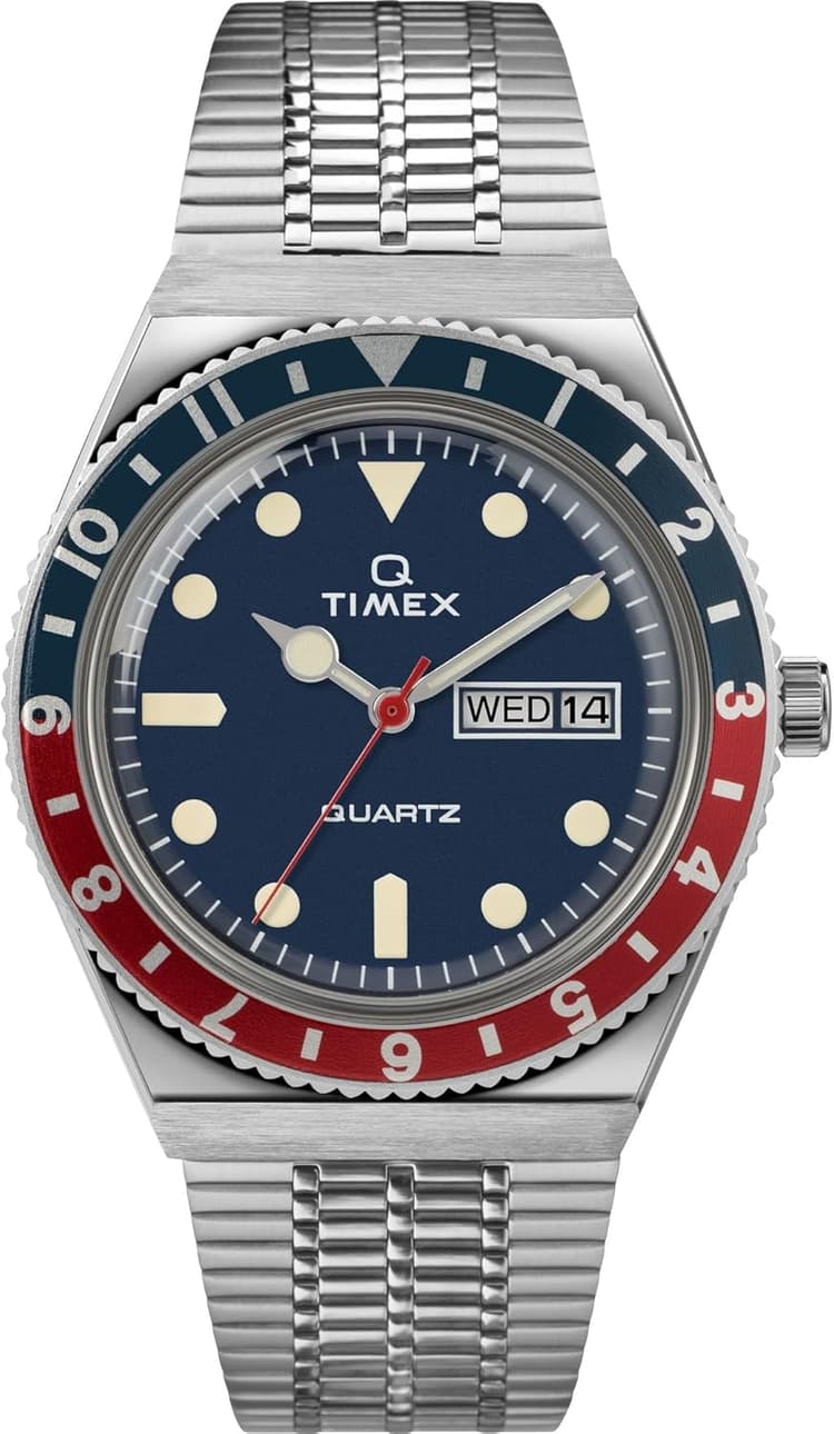 Timex Q Men's 38mm Watch – 1979 Reissue Silver-Tone Case Blue Dial Blue/Red Top Ring with Stainless Steel Bracelet