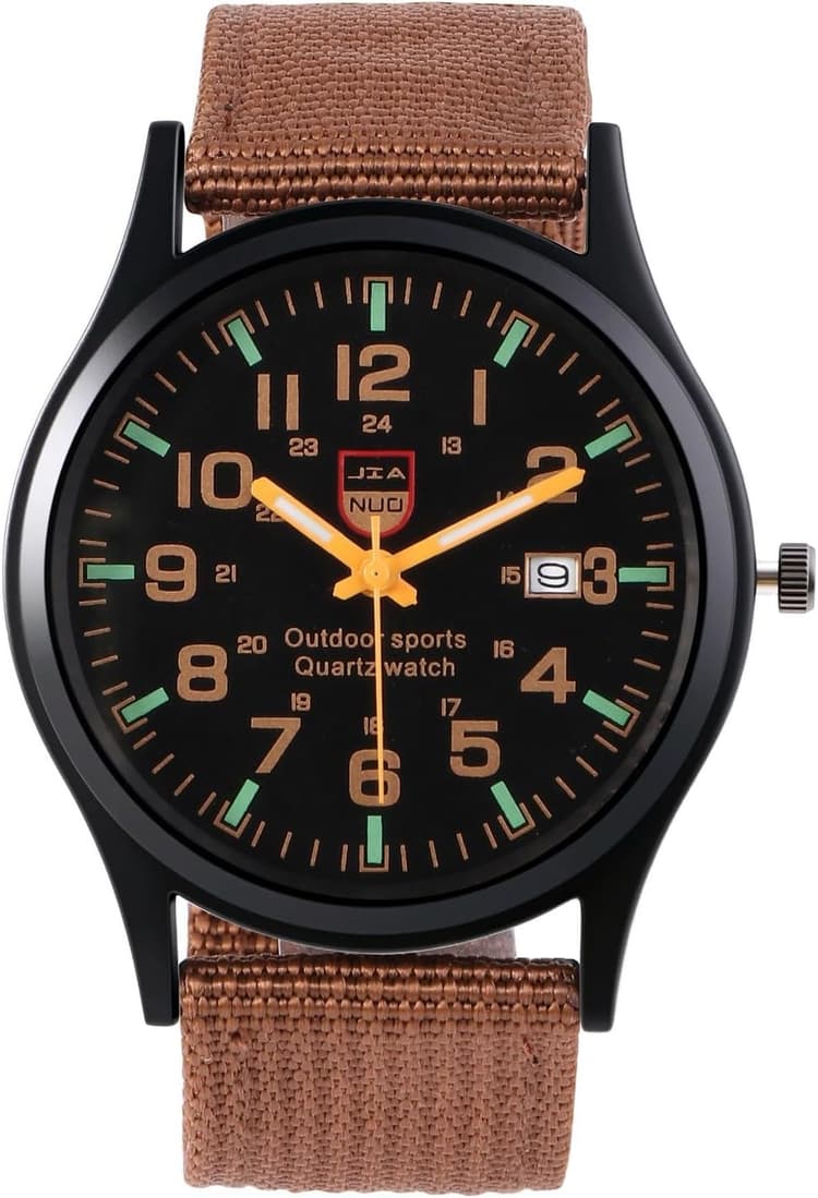 JSDDE Montre à Quartz pour Homme, 41mm Cadran Rond Noir ou Blanc 24 Heures Chiffres Arabes avec Calendrier, Sport Montre Bracelet en Nylon pour Garçons Mouvement Analogique Quartz Watch