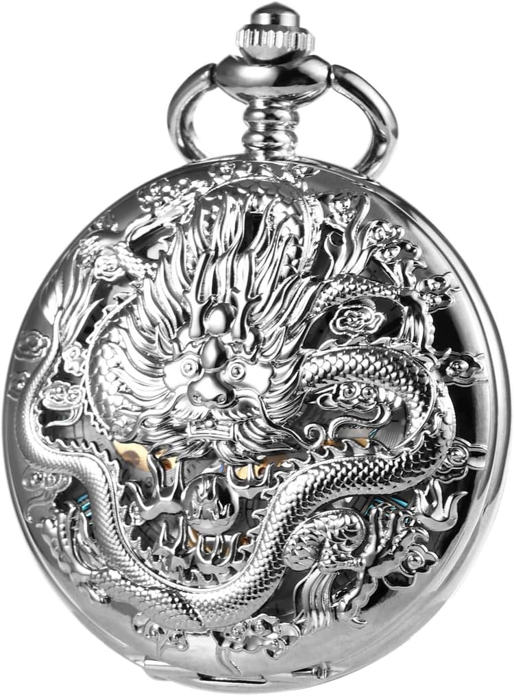 TREEWETO Montre gousset analogique pour homme avec chaîne - Remontage manuel - Double charnière - Antique dragon - Chiffres romains - Bronze/noir, argenté, Classique