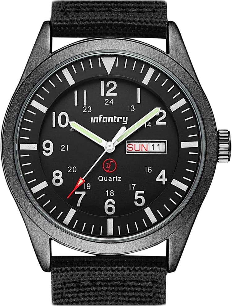 Infantry Mens Military Watch - Field Tactical Army Watch for Men with 12/24 Hour Time, Day Date, 5ATM Waterproof Analog Quartz Wristwatch, Durable Nylon Band for Outdoor Work Sport
