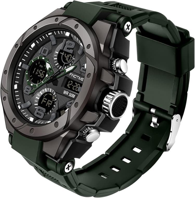 findtime Montre Militaire Tactique de Sport pour Homme Chronomètre à Grand Cadran, Alarme, Double Affichage de l'heure, rétroéclairage, Montre-Bracelet étanche pour l'extérieur, analogique numérique