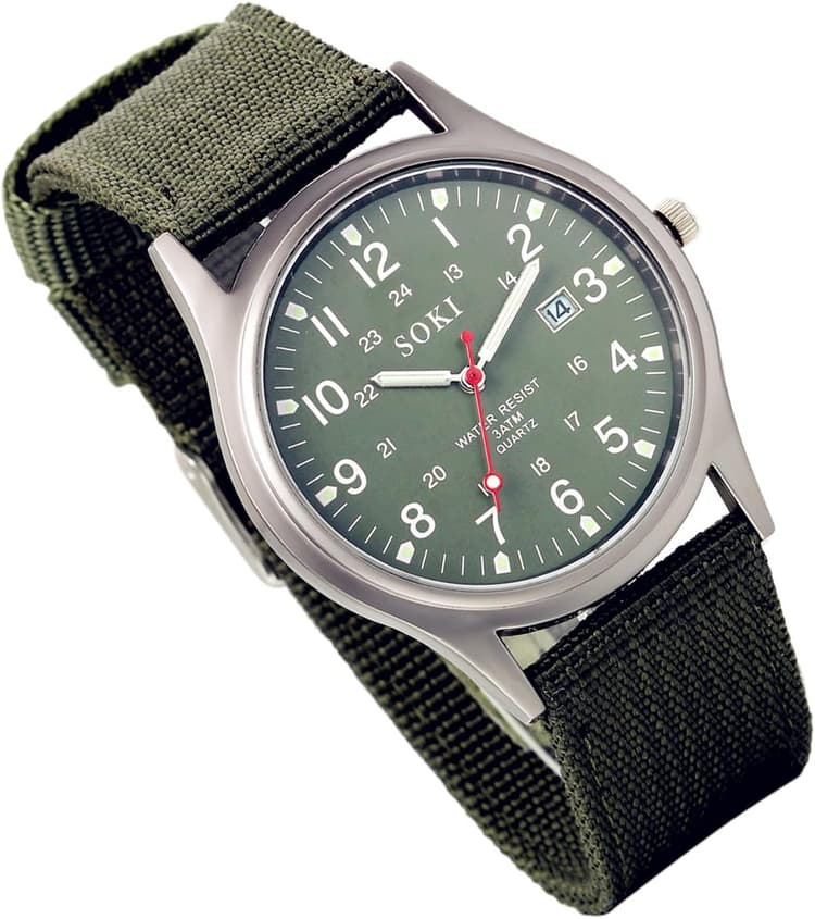 Lancardo Analog Quartz Watch with Woven Nylon Band Calendar Luminous Hand Military Time 24H (Army Green) for Christmas