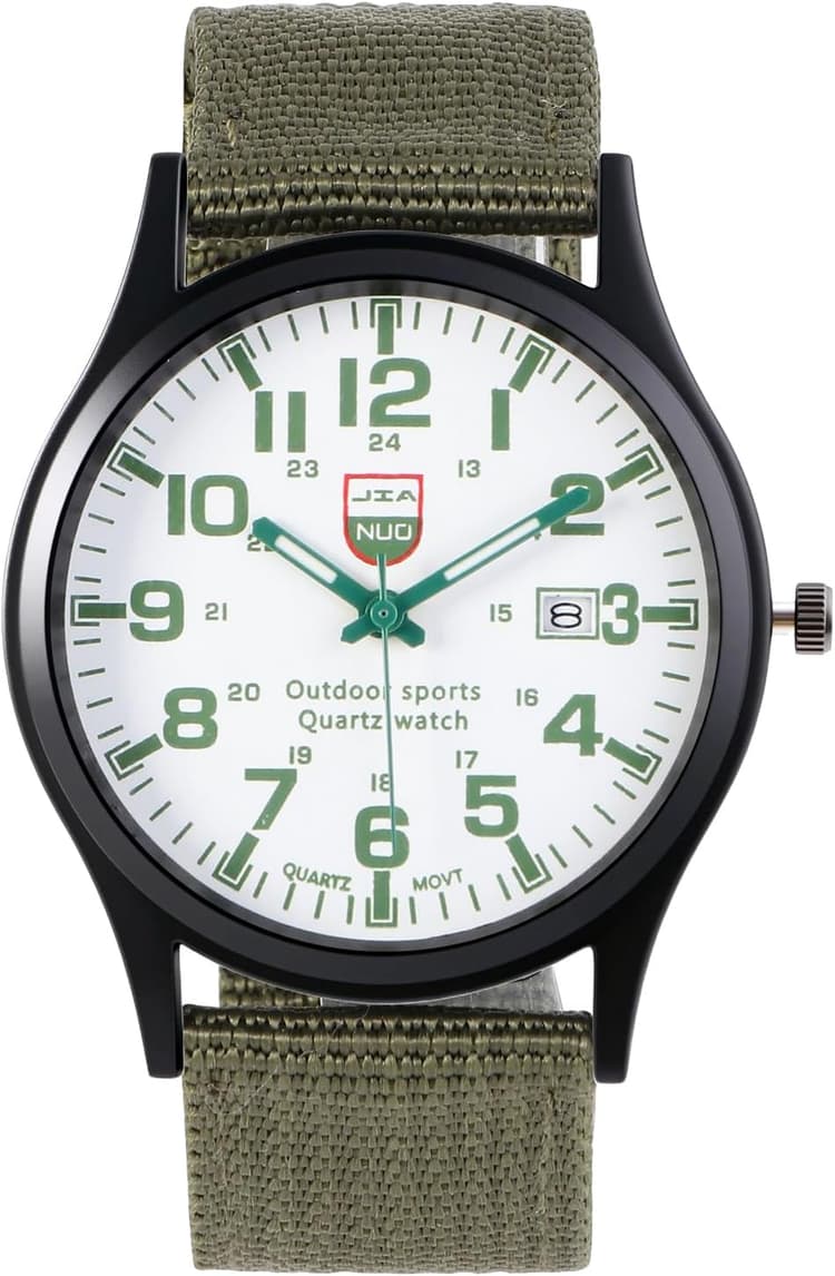 JSDDE Montre à Quartz pour Homme, 41mm Cadran Rond Noir ou Blanc 24 Heures Chiffres Arabes avec Calendrier, Sport Montre Bracelet en Nylon pour Garçons Mouvement Analogique Quartz Watch