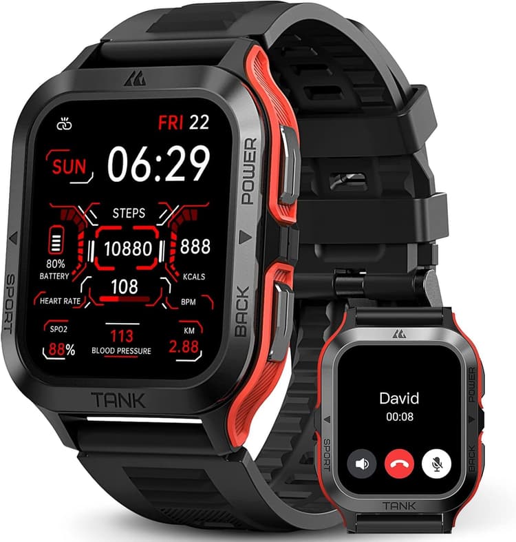 AMAZTIM Smart Watch, 60 Days Extra-Long Battery, 50M Waterproof, Rugged Military Bluetooth Call(Answer/Dial Calls), 1.85" Ultra Large HD Display, AI Voice Assistant, Compatible for Android and iOS-Red
