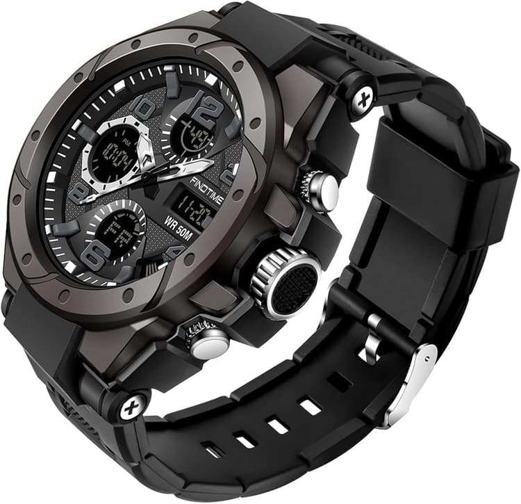 findtime Montre Militaire Tactique de Sport pour Homme Chronomètre à Grand Cadran, Alarme, Double Affichage de l'heure, rétroéclairage, Montre-Bracelet étanche pour l'extérieur, analogique numérique