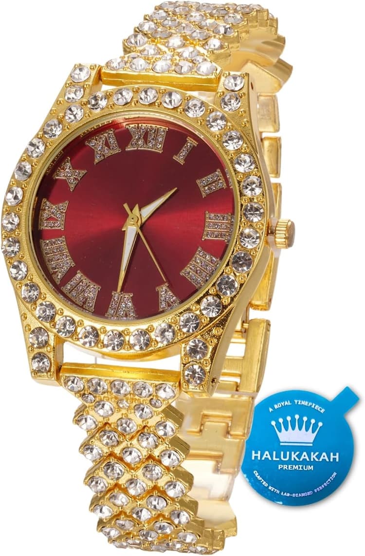 HALUKAKAH Diamants Montre en Or,Femme Or Véritable 18K/Plaqué Platine Or Blanc 36MM Largeur Vert/Bleu/Rouge Cadran Quartz 20cm avec Chaîne Cubains Bracelet Collier,Boîte Cadeau Gratuite