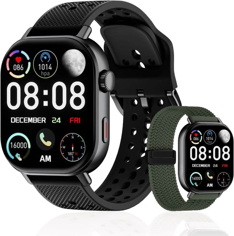Smart Watch with 2 Bands: Step & Calorie Counter, Heart Rate & Oxygen Sensor, GPS Running, Swimming, Walking, Sports Tracker, Waterproof, Health Monitoring, Music & Call Alert Men Women iOS/Android