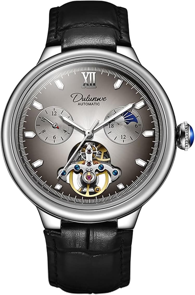 Montre mécanique à remontage manuel en cuir pour homme - Phase de lune - Tourbillon - Grand cadran - Montre automatique - Lumineuse