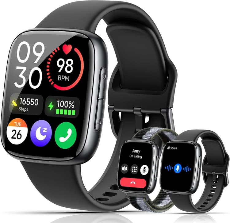 Smart Watches for Women Men, 1.85" HD AMOLED Display, 2 Bands Included, Works with iPhone & Android, 12-Day Battery, 3ATM Waterproof, Bluetooth Call, Health & Fitness Tracker, Black