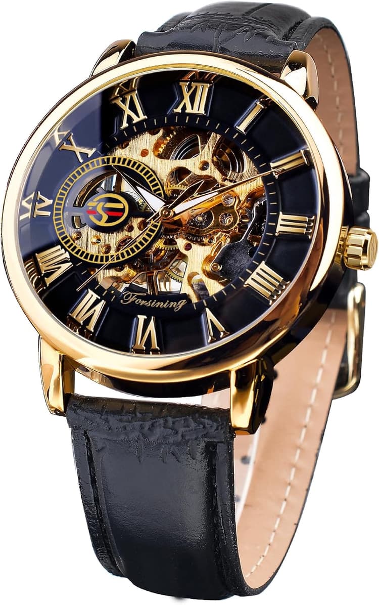 FORSINING Montre squelette steampunk pour homme - Montre mécanique noire minimaliste - Design rétro - Montre-bracelet squelette mécanique transparente