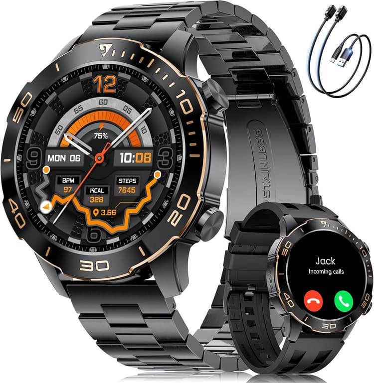 Smart Watches for Men Luxury for Android iPhone/50 Day Battery,Fitness Watch with Heart Rate/Blood Pressure/Sleep Monitor,Men's Smartwatch Amoled Display,100+ Sport Modes,IP68 Waterproof,Black, 40mm