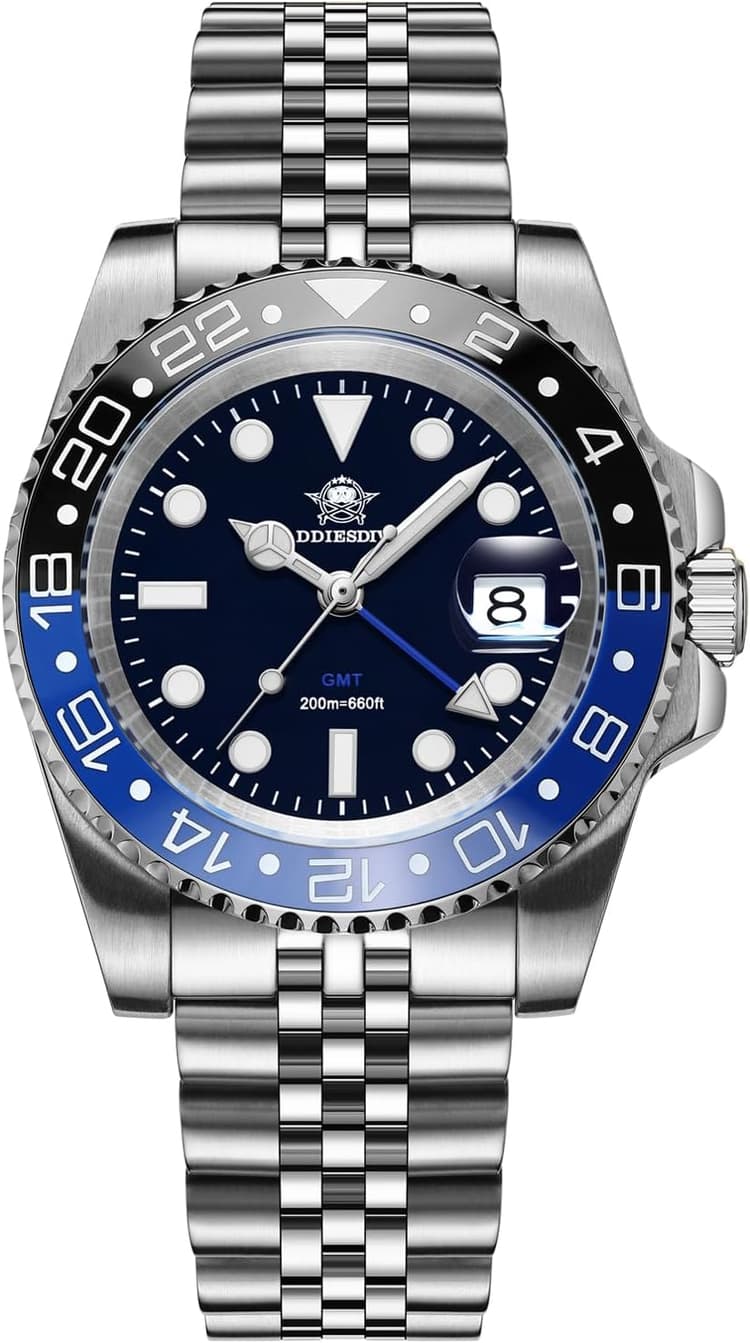 ADDIESDIVE Montre Homme DiverGMT étanche 200 M Ronda 515-24 H Lumineux Acier Inoxydable Montre Homme Quartz, 2050blackblue Steel