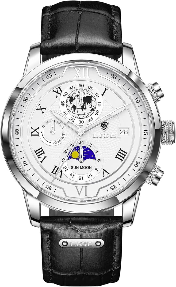 LIGE Montre pour Hommes Chronographe Quartz avec Date Moonphase Design Noir Bracelet en Cuir Montre Quotidienne étanche - Montres élégantes pour Le Travail et La Vie Quotidienne
