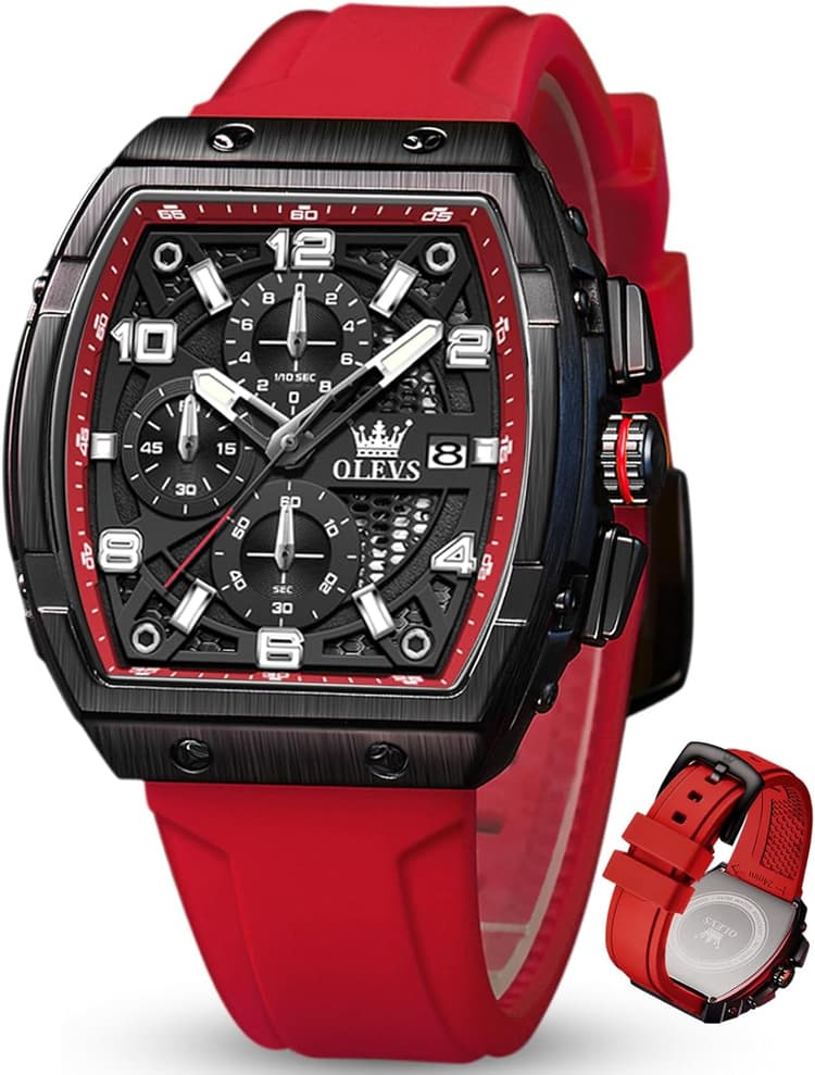OLEVS Watches for Men Luxury Large Face Dress Men's Watches Silicone Strap Waterproof Chronograph Nice Analog Quartz Casual Mens Wrist Watch Relojes para Hombres(Black/Red/White Strap)