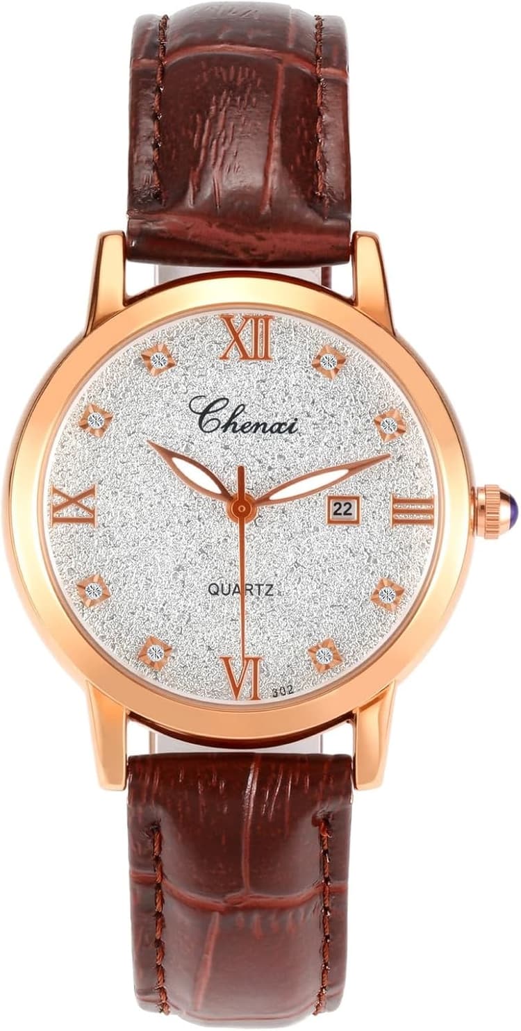JSDDE Montre Quartz Femme Bracelet Cuir Montres Analogique Quartz Dial Étoile avec Brillant Strass Aiguilles Lumineuse Chiffres Romains Luxy Montre Habillée Élégant Cadran Rond Or Rose Date Calendrier