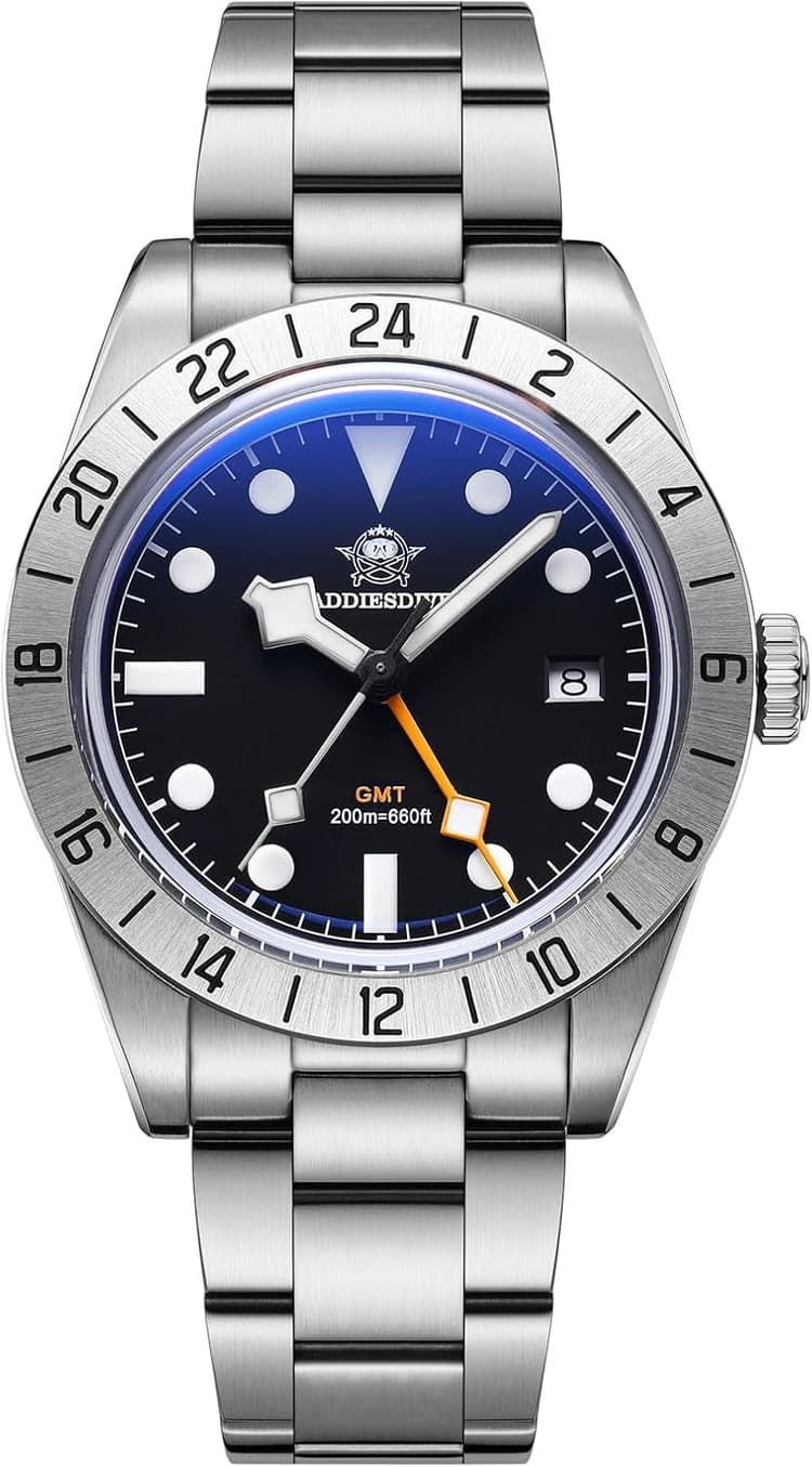 ADDIESDIVE GMT Montres pour hommes Mouvement à quartz suisse Diver 200M étanche Multicolore Cadran luminescent
