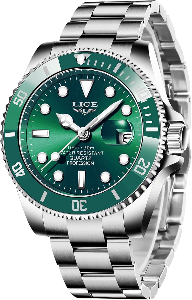 LIGE Montre Homme, Montres Bracelet Quartz Analogique, Acier Inoxydable, étanche 3 ATM （30M）, Aiguilles Lumineuses, Affichage de la Date, Classique, élégant, Décontracté