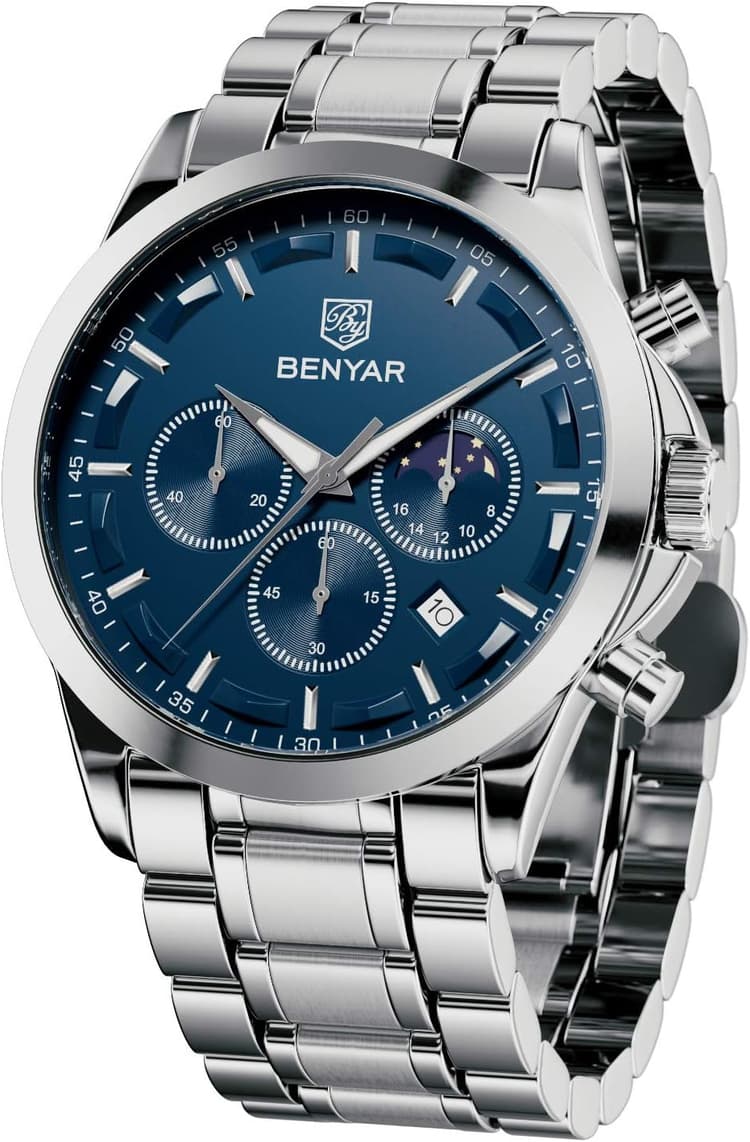 BENYAR by Montre Homme Chronographe Etanche Lumineuses Date Grand Cadran Classique Mode Affaires Analogique Quartz Montres Cadeau élégant pour Hommes
