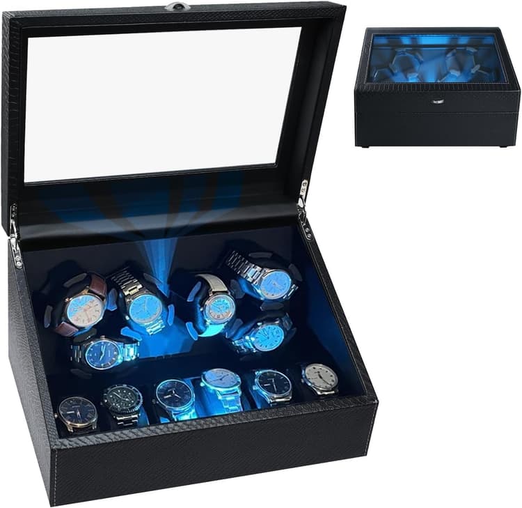 Remontoir Montre Automatique, 6 Boite Montre Automatique avec Rétroéclairage LED, Moteur Silencieux, Plusieurs Modes de Rotation, Remontoire Montre Automatic Technologie Intelligente d'Arrêt