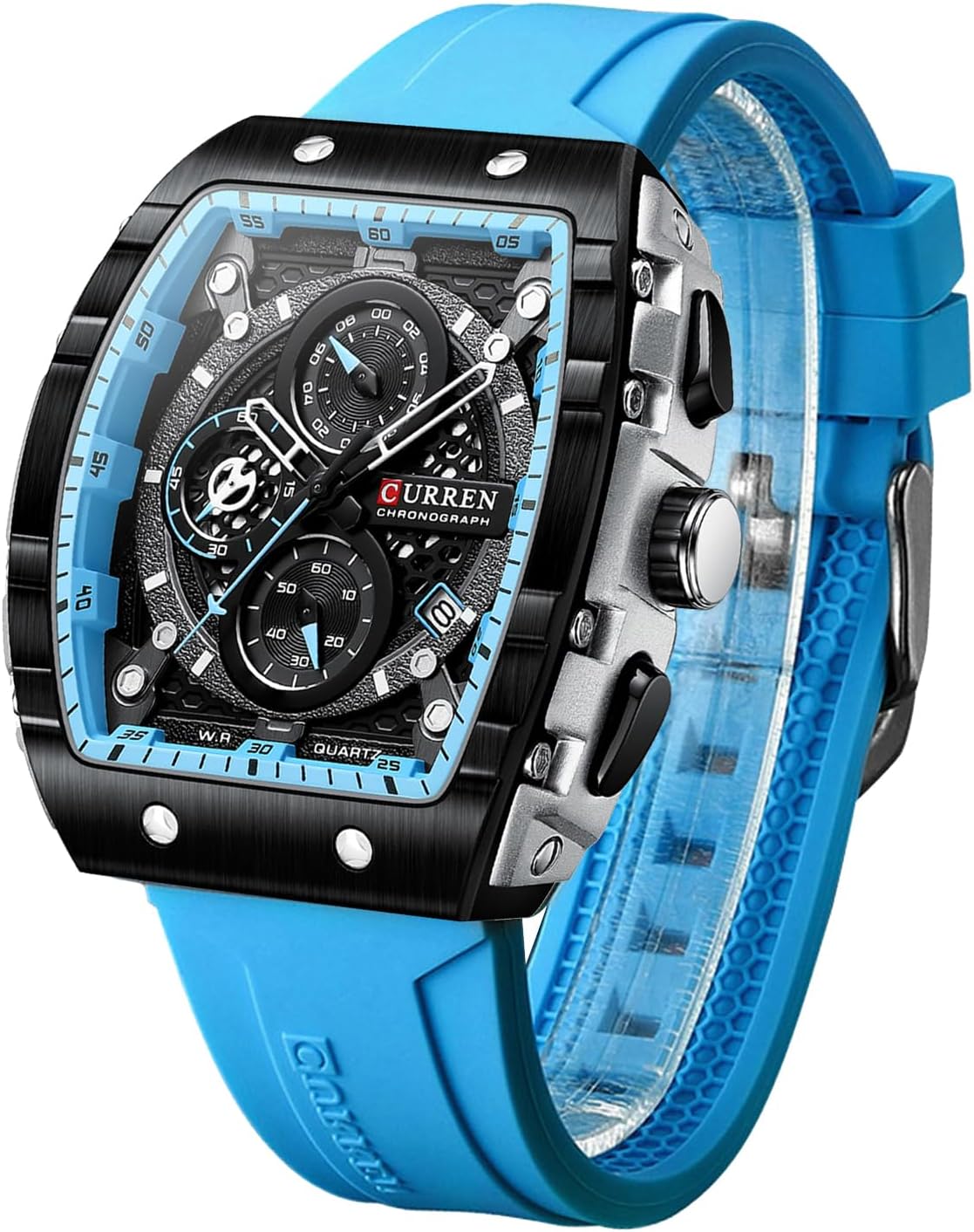 FORSINING Montre analogique à quartz pour homme - Grand cadran rectangulaire - Bracelet en silicone - Étanche - Calendrier - Date