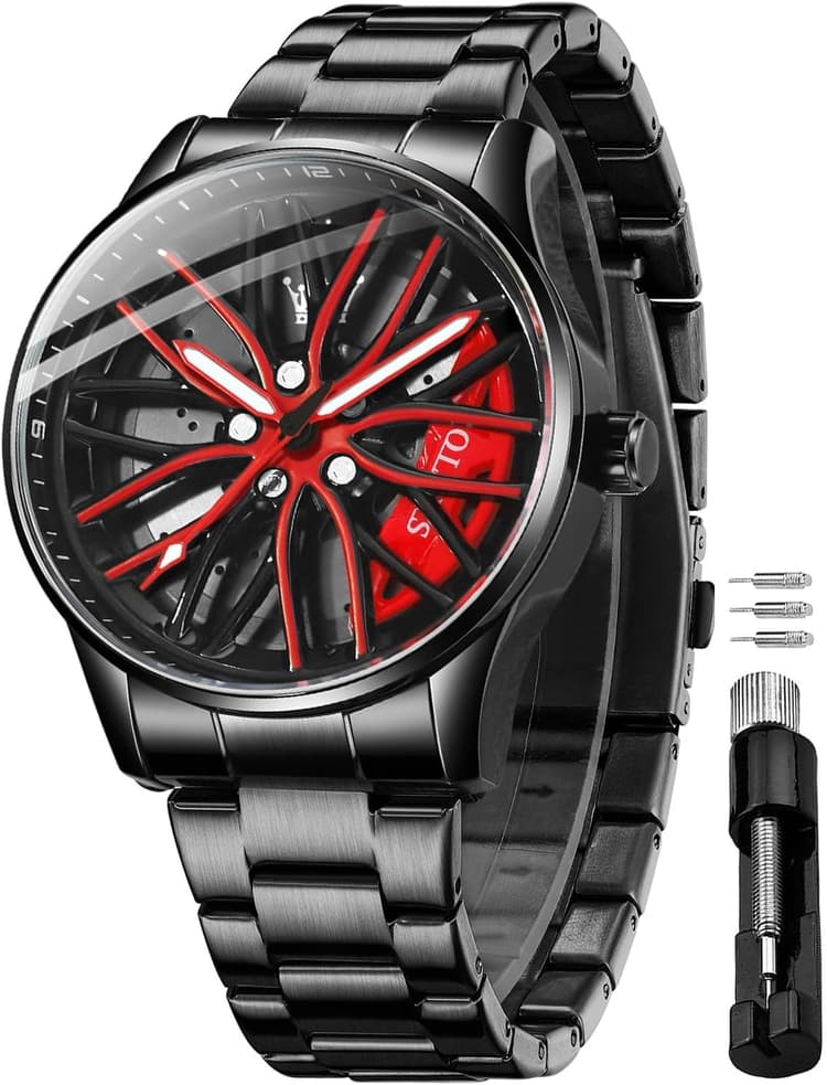 OLEVS Montre squelette à quartz pour homme - Roues de voiture de course - En acier inoxydable - Style décontracté - Étanche - Lumineuse