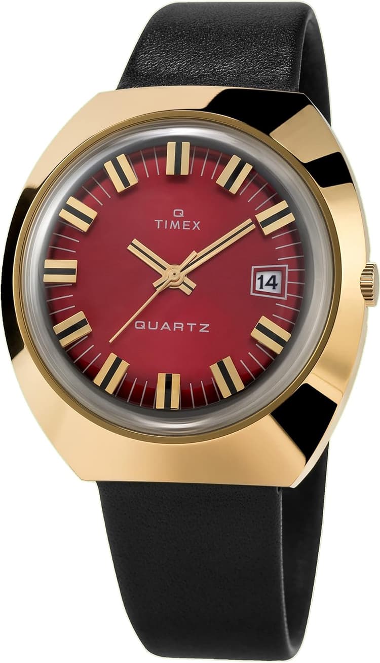 Timex Q Men's 1972 Reissue 43mm Watch – Gold-Tone Case Burgundy Dial with Black Leather Strap