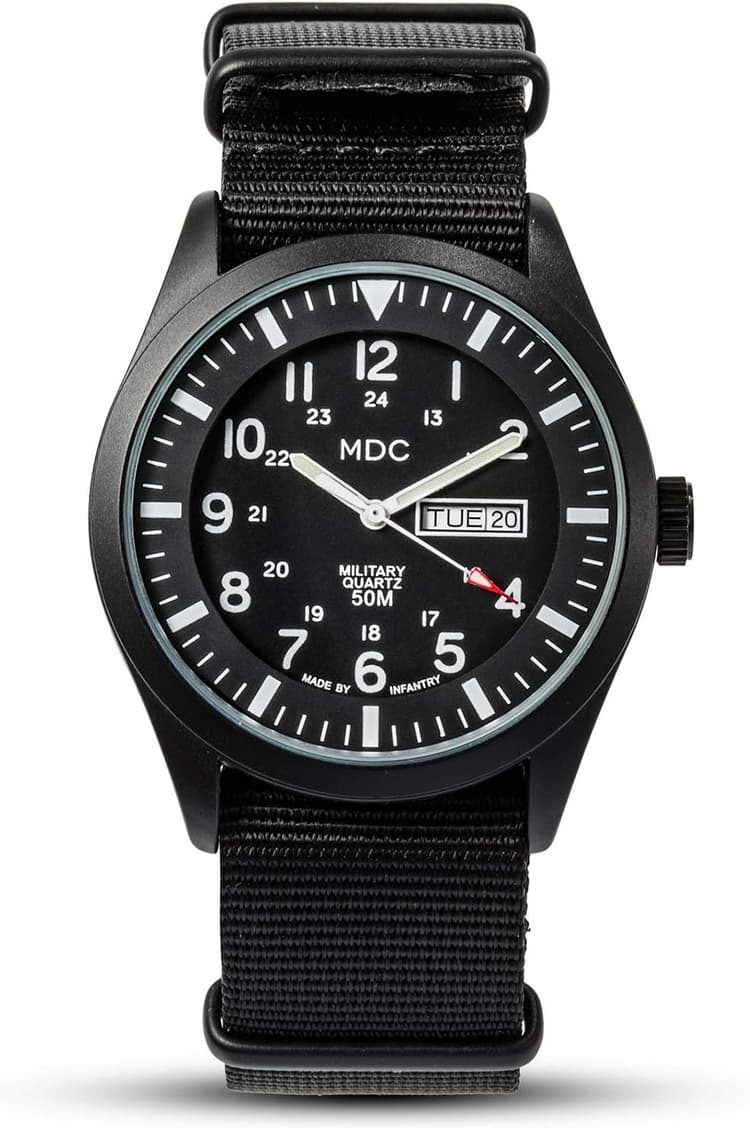 Infantry MDC Mens Military Watch, Black Tactical Field Watch for Men, 12/24H Military Time Analog Watch with Day Date, Waterproof Work Watch with Black Nylon