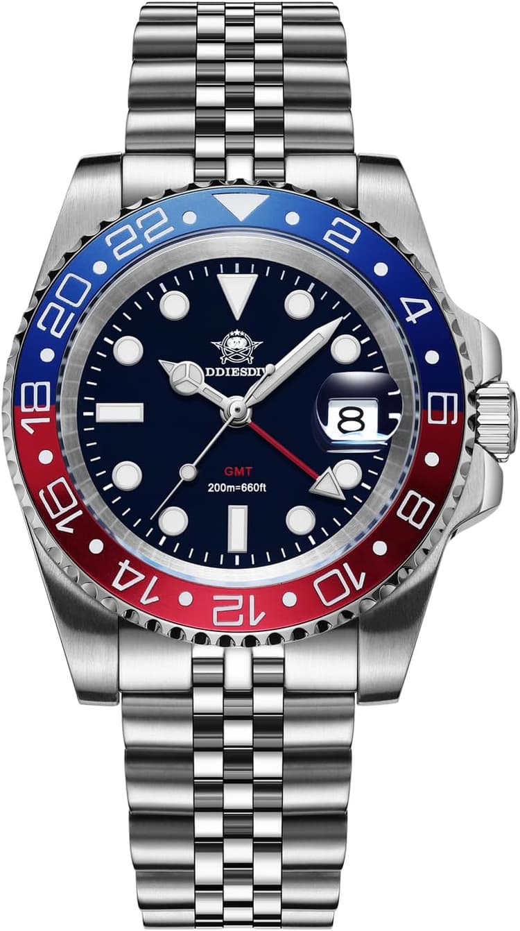 ADDIESDIVE Montre analogique pour Homme Montre GMT pour Homme Montre de plongée 40 mm Montre à Quartz résistant à 200 m d'eau 515-24H avec Bracelet en Acier Inoxydable AD2050