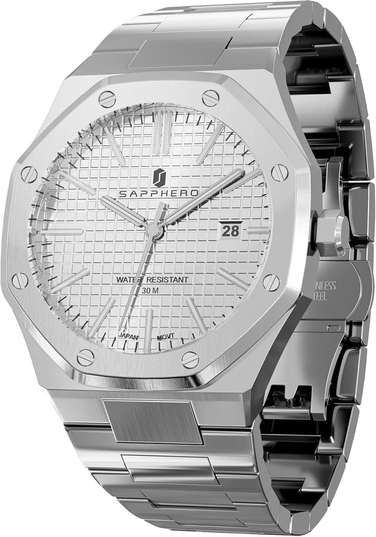 SAPPHERO Montre Homme 50M Etanche Classique Octogonale Analogique Quartz Montres en Acier Inoxydable Date Mouvement Japonais Elégant Luxe Montres pour Hommes