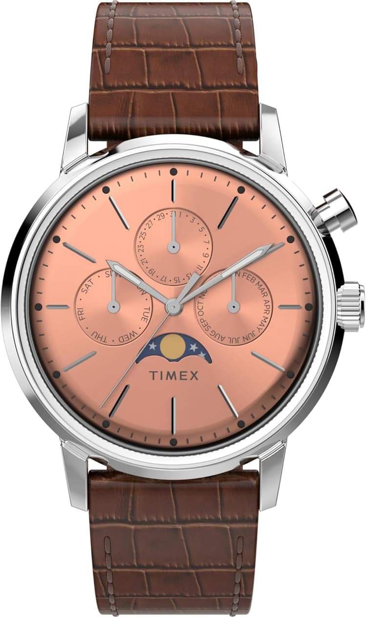 Timex Men's Marlin Moon Phase 40mm Watch - Brown Strap Rose Gold-Tone Dial Stainless Steel Case