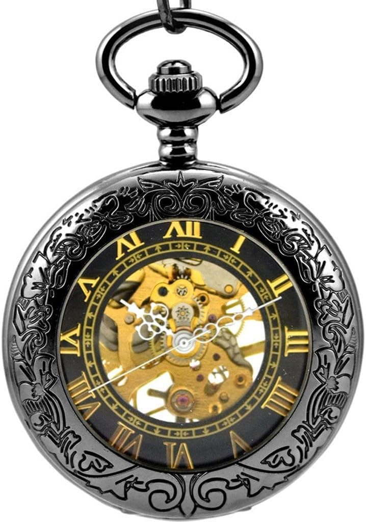 Steampunk, montre de poche mécanique avec chiffres romains, avec chaîne et pendentif à remontage manuel, sans pierre